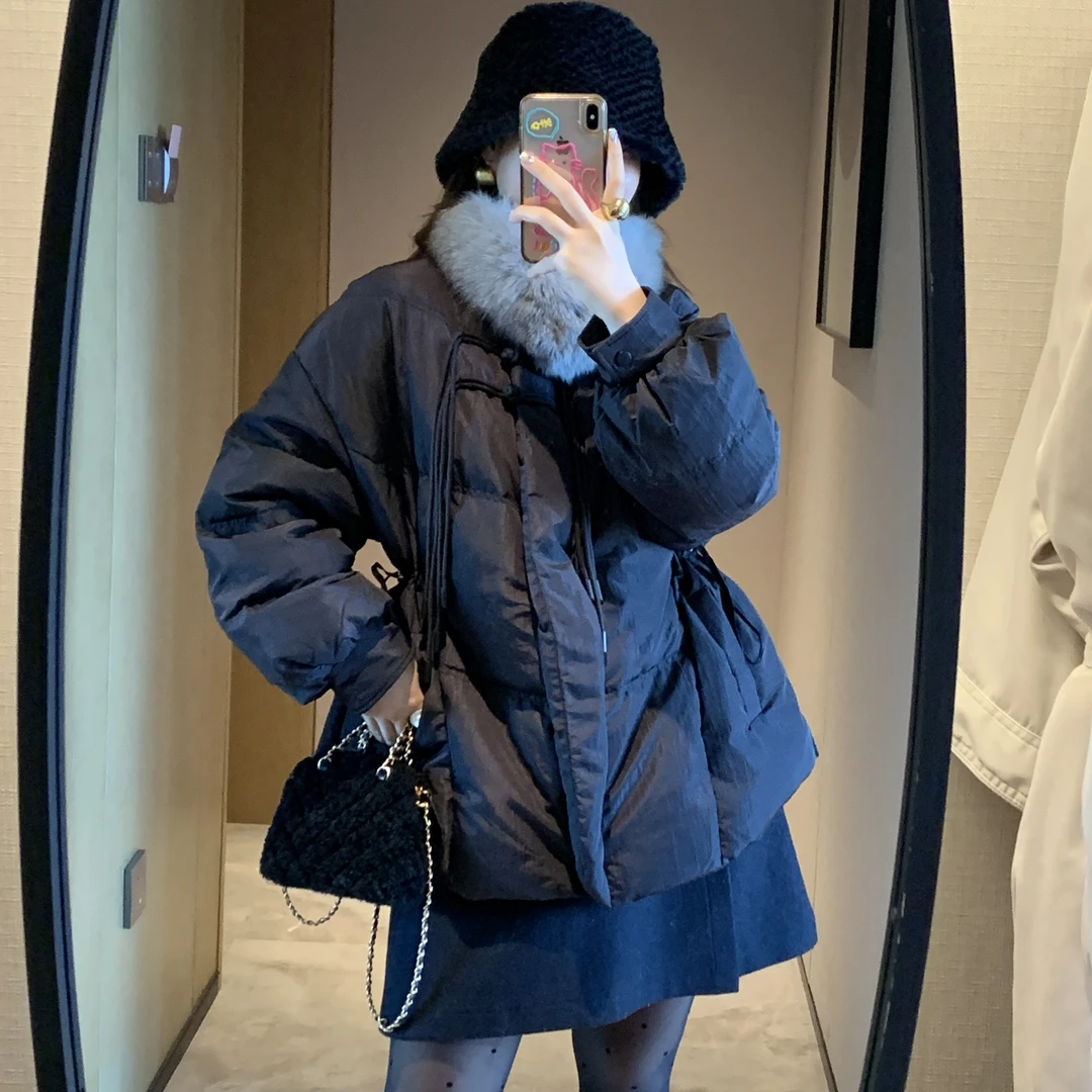 流苏盘扣显瘦新中式保暖羽绒服国风气质抽绳收腰毛领冬季外套