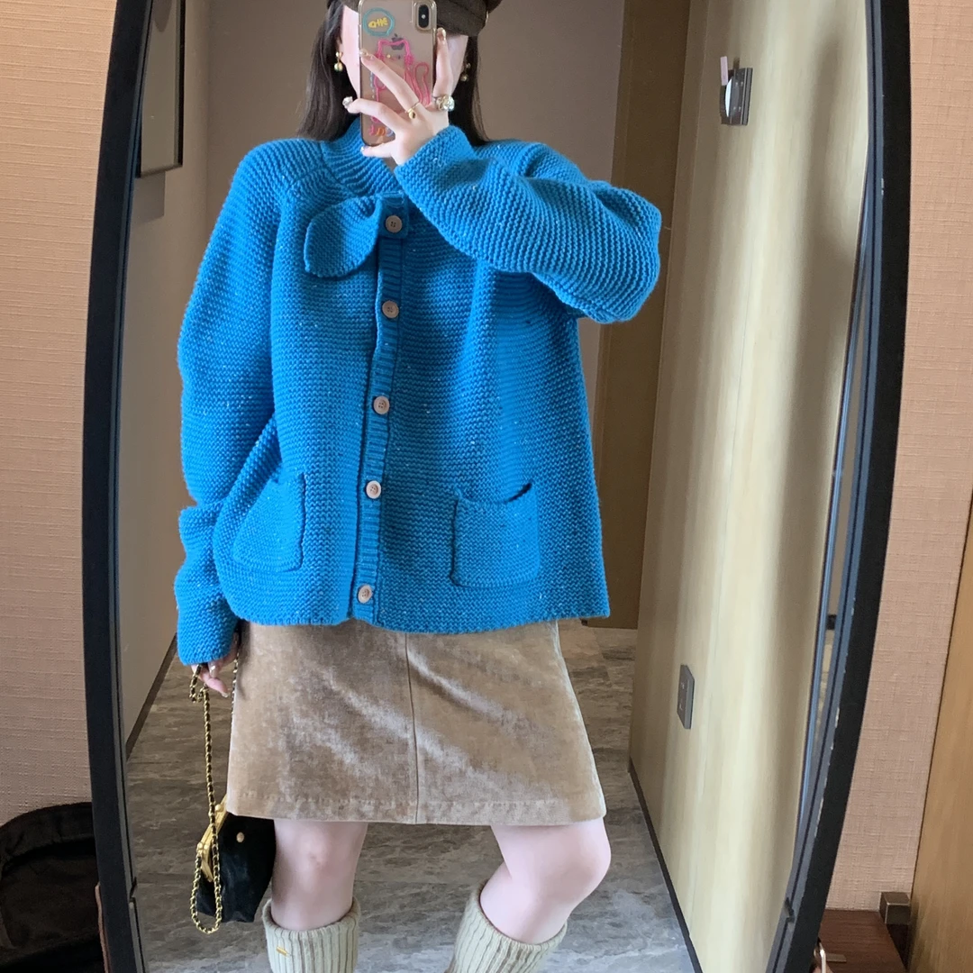 洋气复古混彩线孔雀蓝毛针织衫高级感韩系蝴蝶结领宽松毛衣开衫