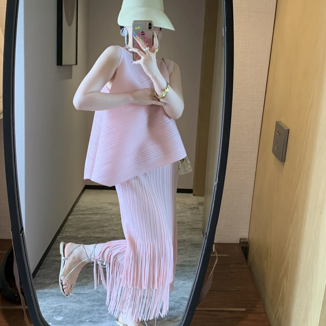 温柔流苏气质优雅肌理感褶皱半身裙全腰松紧显瘦时尚休闲百搭长裙