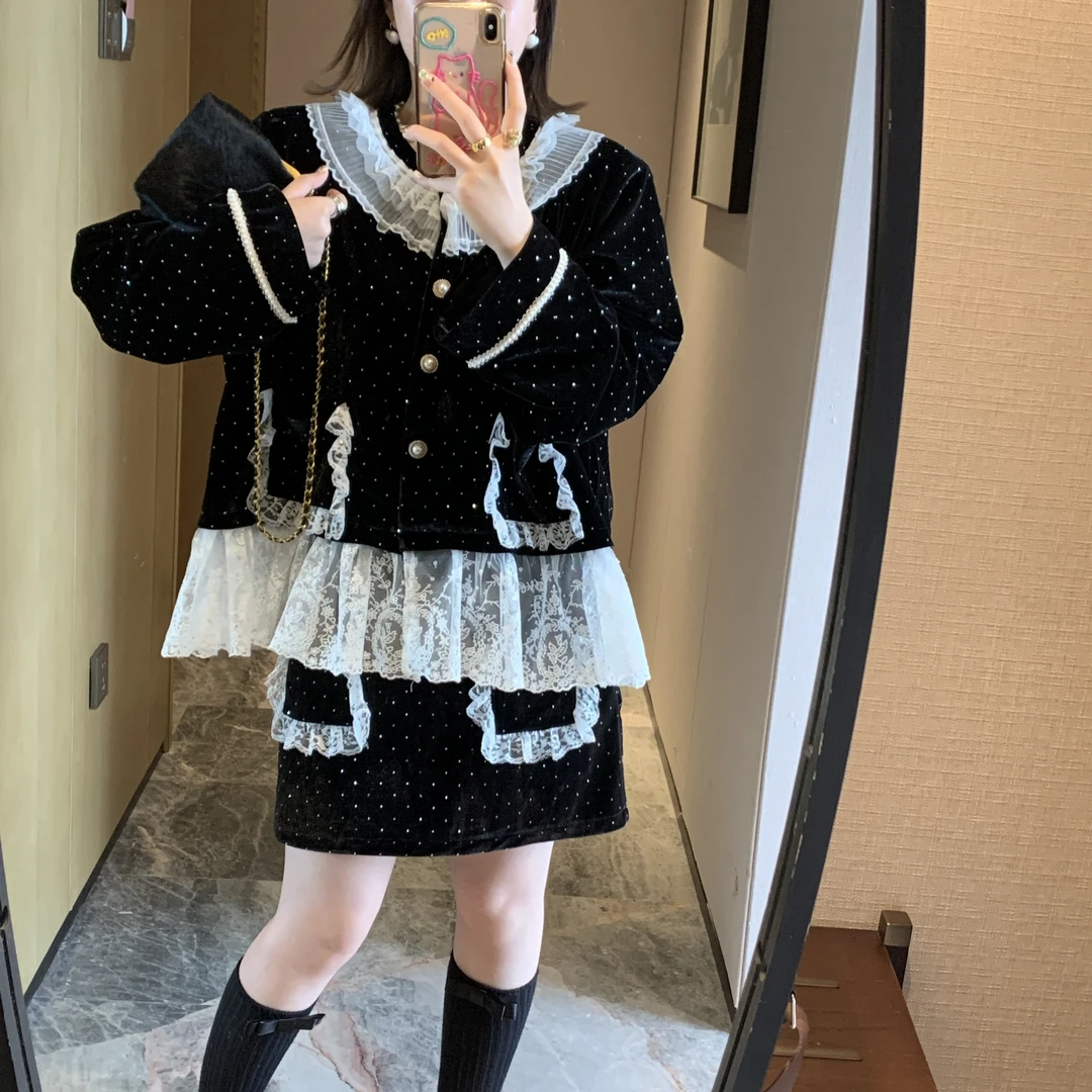 满天星名媛水钻丝绒小香风套装裙秋冬重工蕾丝拼接贵气千金两件套