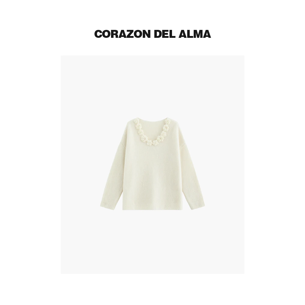 反季福利【觅棠】时髦小众精致立体钩花显瘦V领羊驼绵羊毛套头毛衣