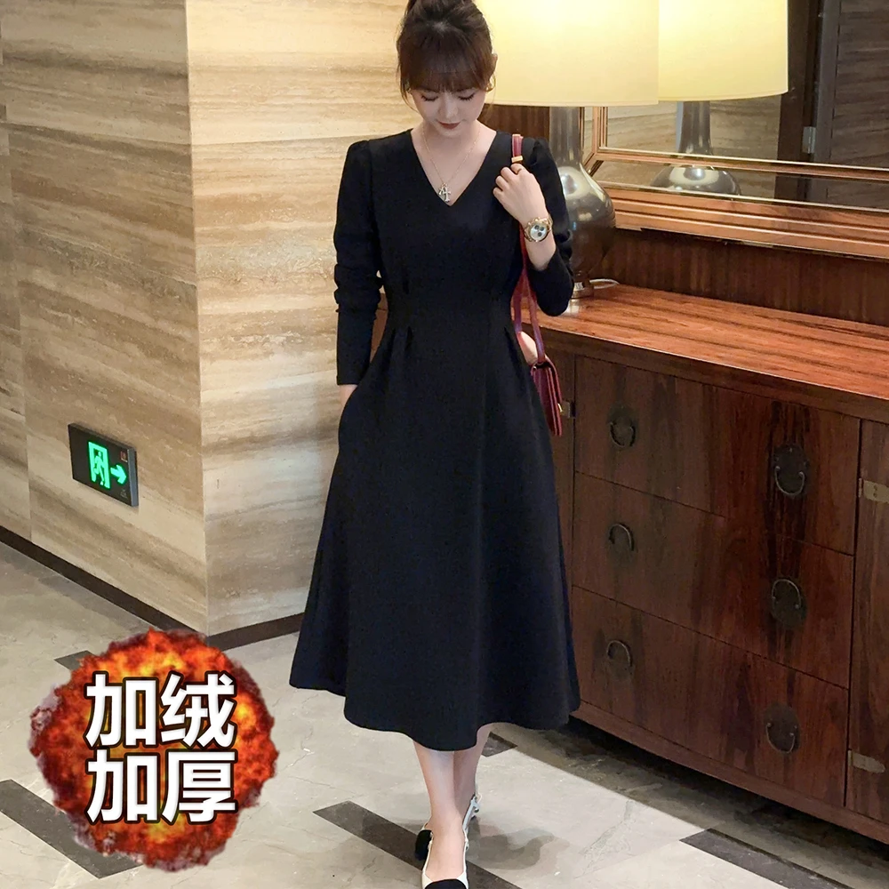 陌瑟MOSE【月光倾城】打底中长款收腰气质遮小黑裙显瘦长袖赫本风