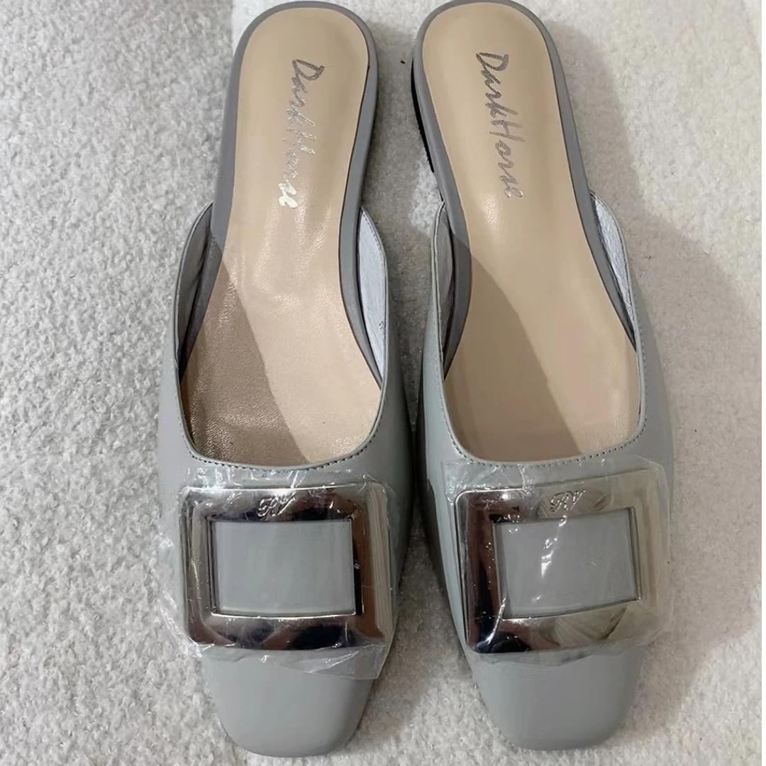 2024新款夏季别致方扣港风时髦低跟半托鞋包头单鞋时尚百搭外穿女