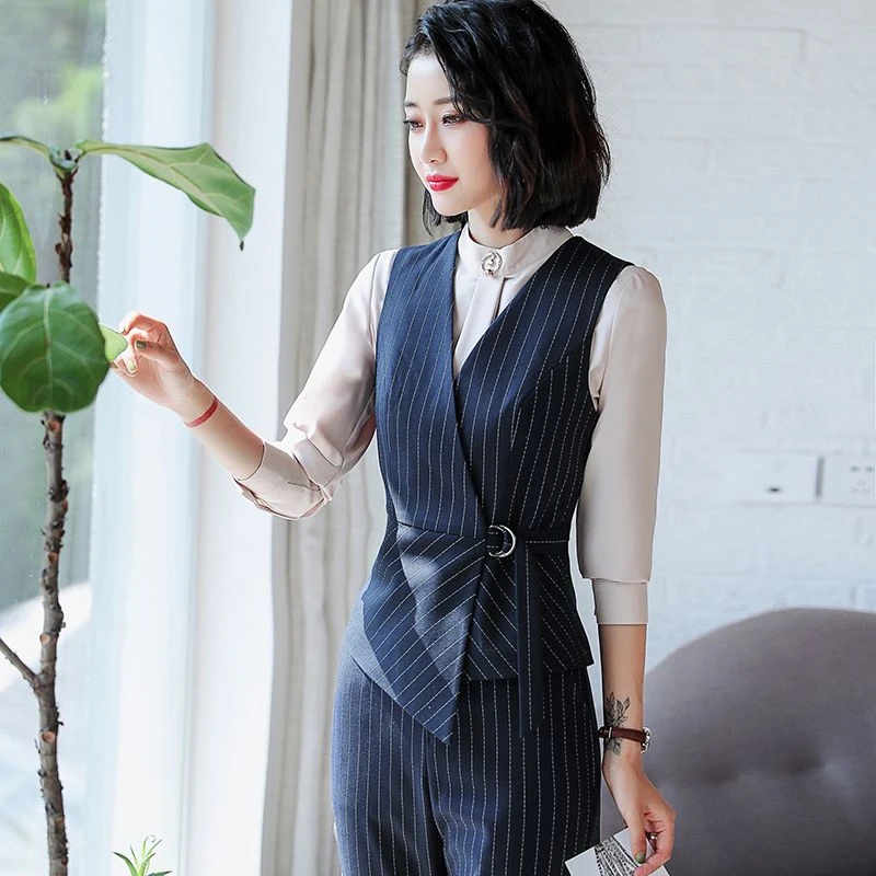 马甲套装女2025新款韩版气质时尚条纹职业装西装背心工装坎肩马夹