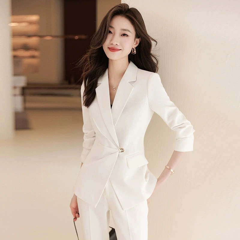 白色西装女裤职业套装春秋西服外套婚宴主持人礼服商务正装工作服