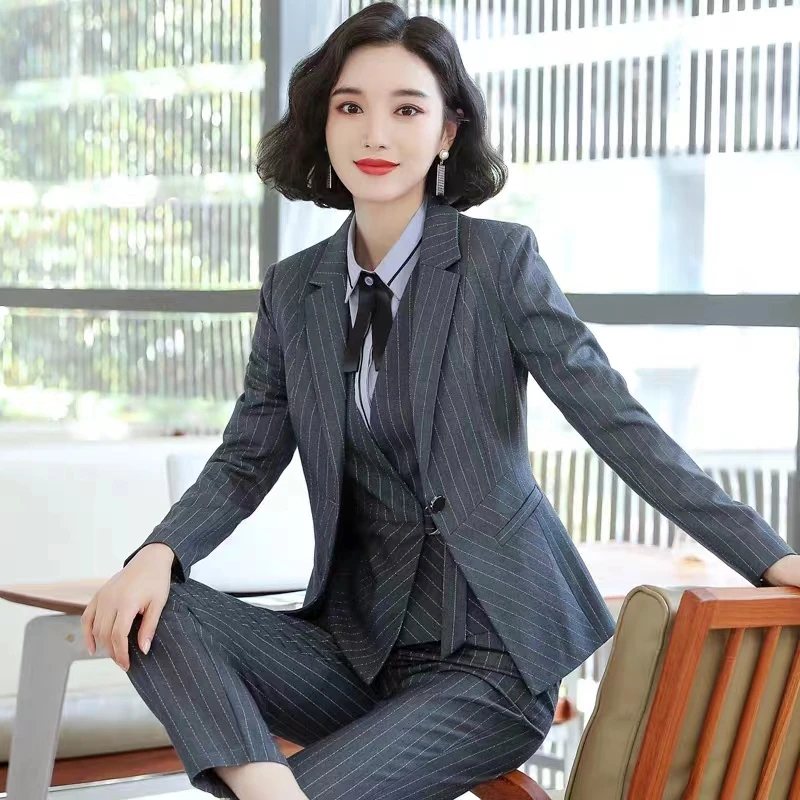 高端西装外套女春秋长袖职业正装条纹西服通勤上班ol工作服职业装