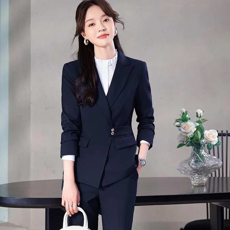 藏青色西装套装女春秋职业正装时尚高级感酒店气质工作服西服外套