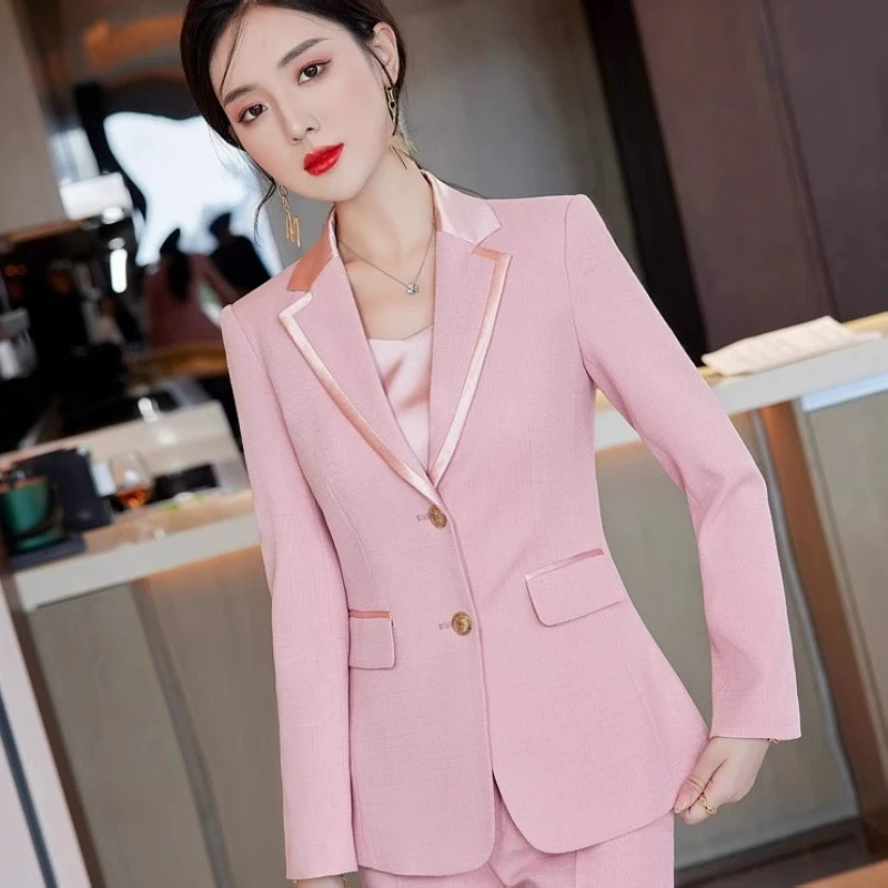 高端粉色西装外套女春秋新款职业套装气质OL主持人西服正装工作服