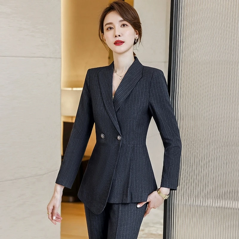 条纹西装外套女高端职业套装酒店经理工作服大学生公务员面试正装