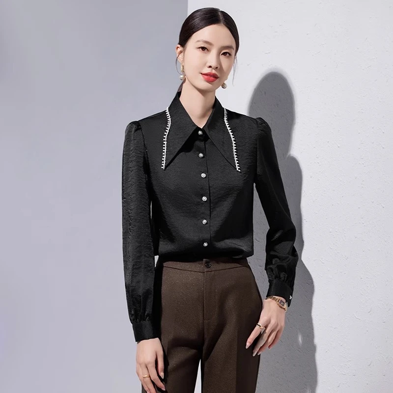 黑色衬衫女长袖上衣高级感时尚轻奢洋气尖领职业缎面气质衬衣套装