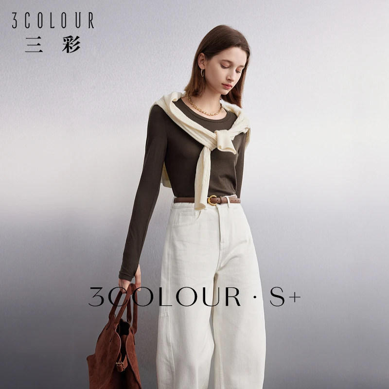 三彩2024秋季新款美拉德T恤正肩长袖指洞上衣修身打底衫女