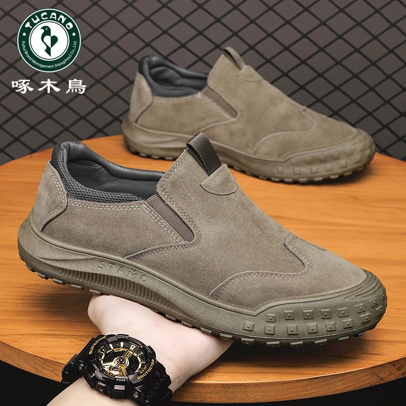 【正品】啄木鸟男鞋夏季新款透气懒人一脚蹬劳保鞋防滑耐磨休闲皮鞋