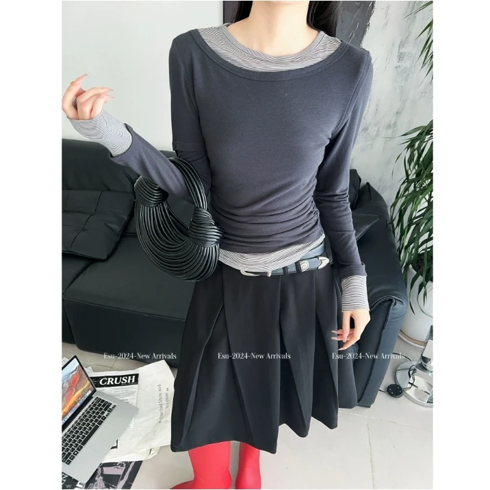 秋款圆领个性拼接假两件上衣