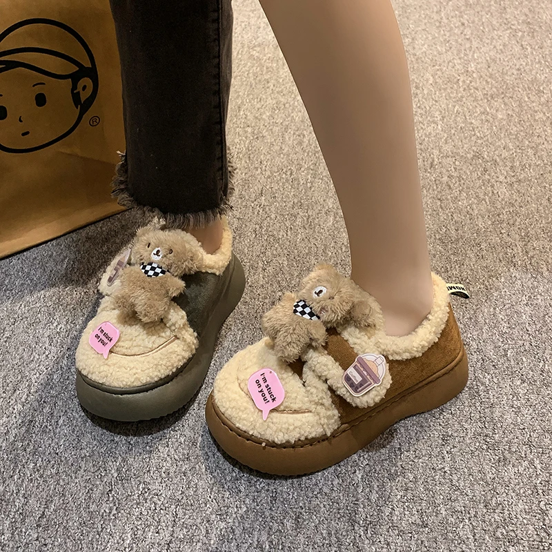 可爱玩偶羊羔毛棉鞋女2023秋冬新款加绒加厚毛毛鞋保暖厚底面包鞋