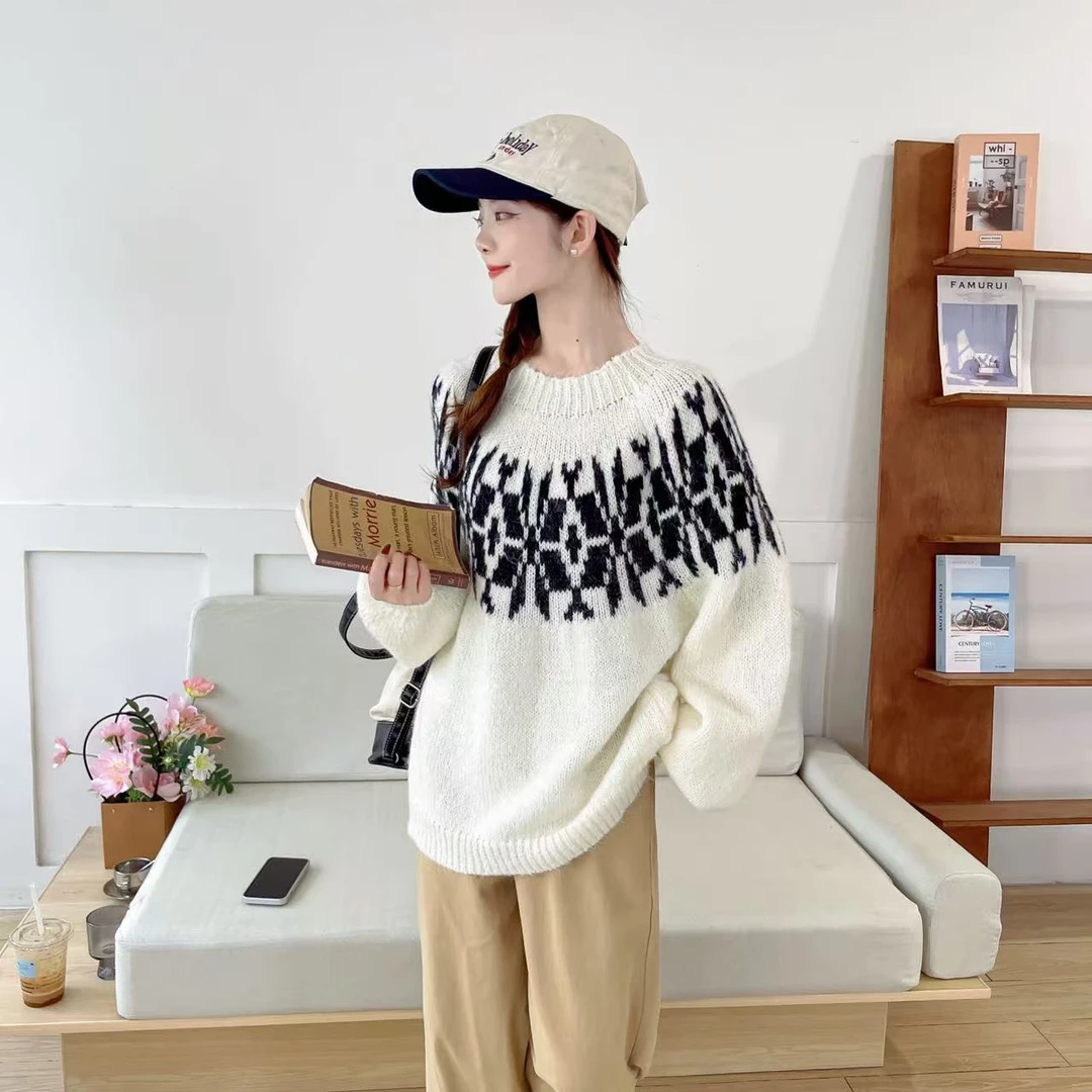 章若楠同款羊驼毛衣复古灯笼袖针织衫费尔岛毛衣宽松慵懒上衣小众