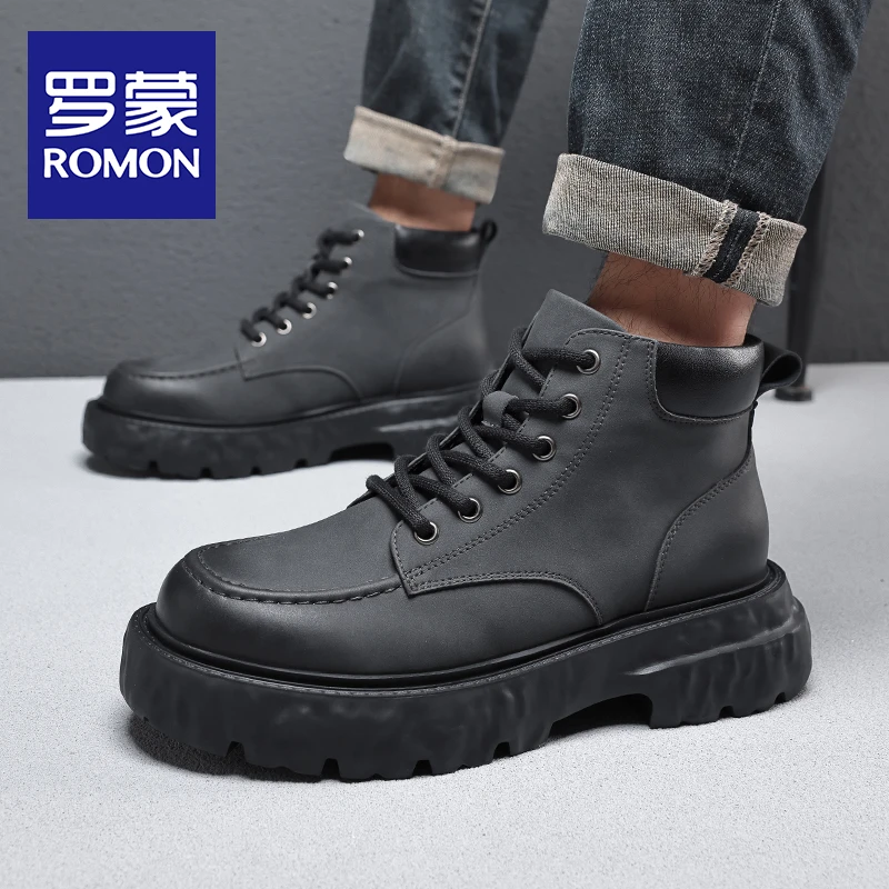 Romon/罗蒙马丁靴男2024新款高帮百搭时尚英伦防滑工装鞋英伦风