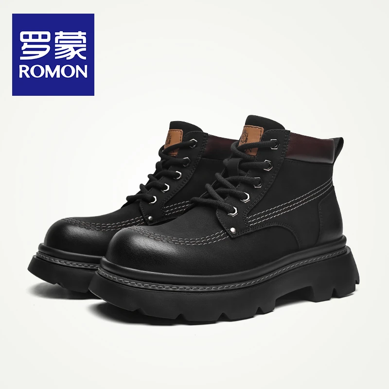 Romon/罗蒙男鞋子2024新款耐磨高帮时尚防滑百搭男士马丁靴子黑色
