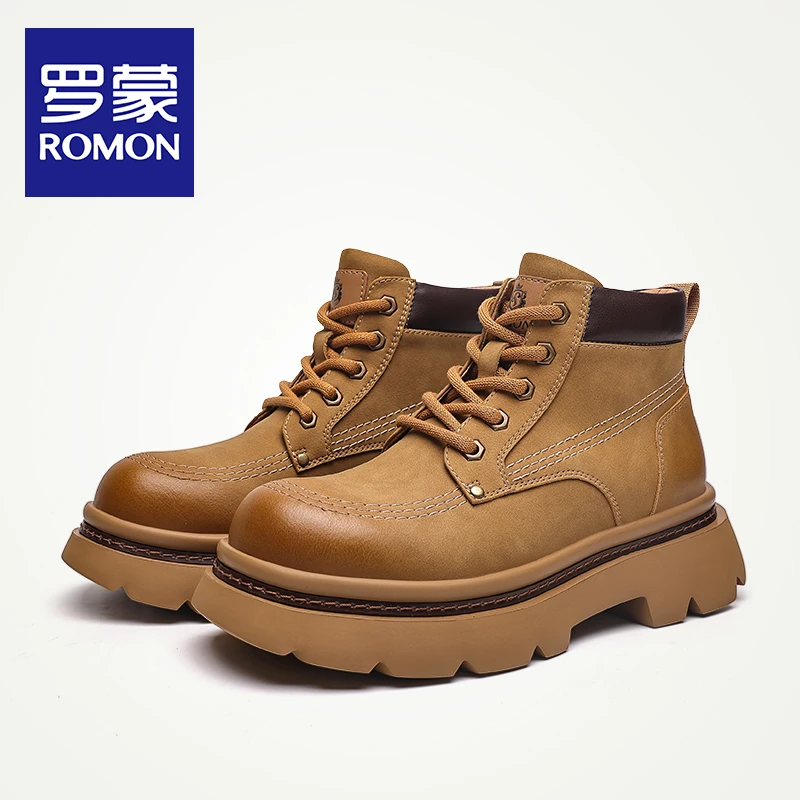 Romon/罗蒙男鞋子2024新款耐磨高帮时尚防滑百搭男士马丁靴子加绒