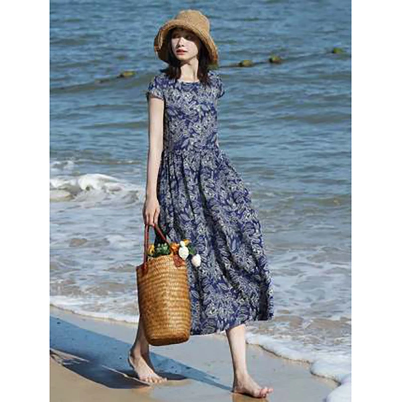 夏季新款大码女装连衣裙慵懒风中长款裙子收腰显瘦碎花棉麻连衣裙