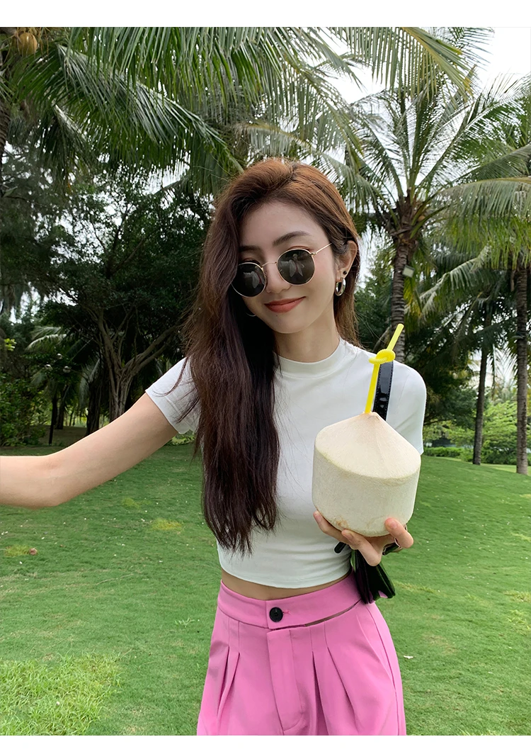 夏季设计感小众圆领韩版短袖t恤女白色修身显瘦高腰短款百搭ins潮