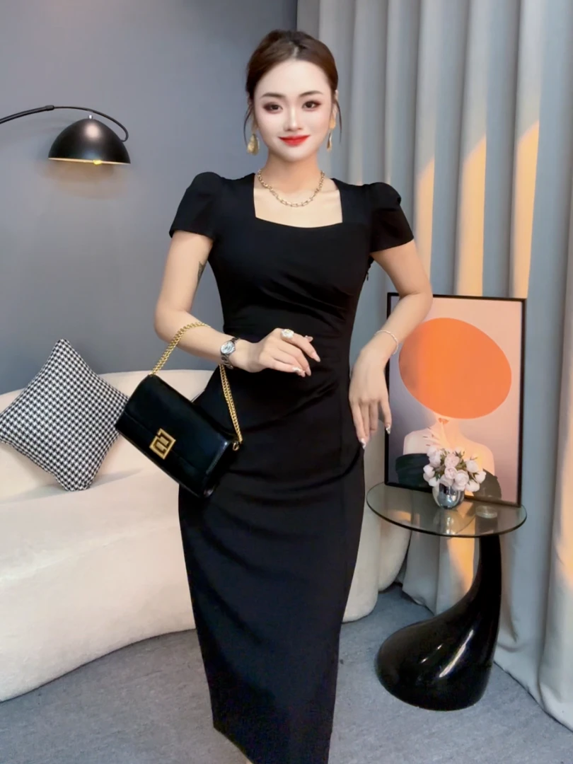 【月月严选】夏季赫本洋气修身气质显瘦开衩过膝连衣裙0511-2