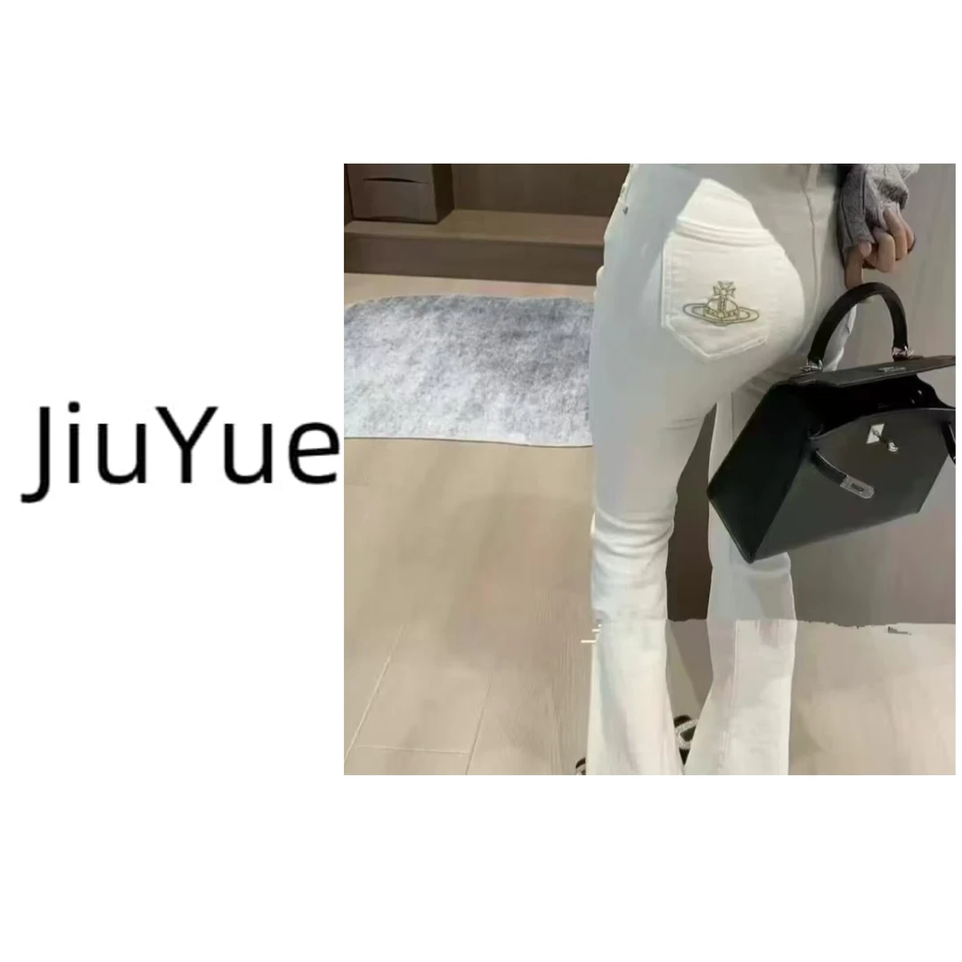 JIUYUE-【现货】土星刺绣白色牛仔裤韩版百搭显瘦休闲微喇长裤