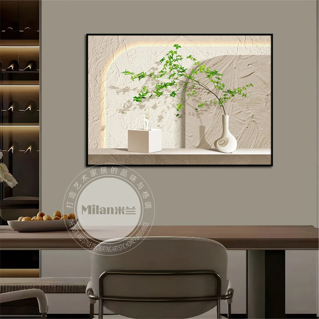清新绿植现代简约餐厅装饰画横版挂画晶瓷装饰画奶油风遮挡配电箱