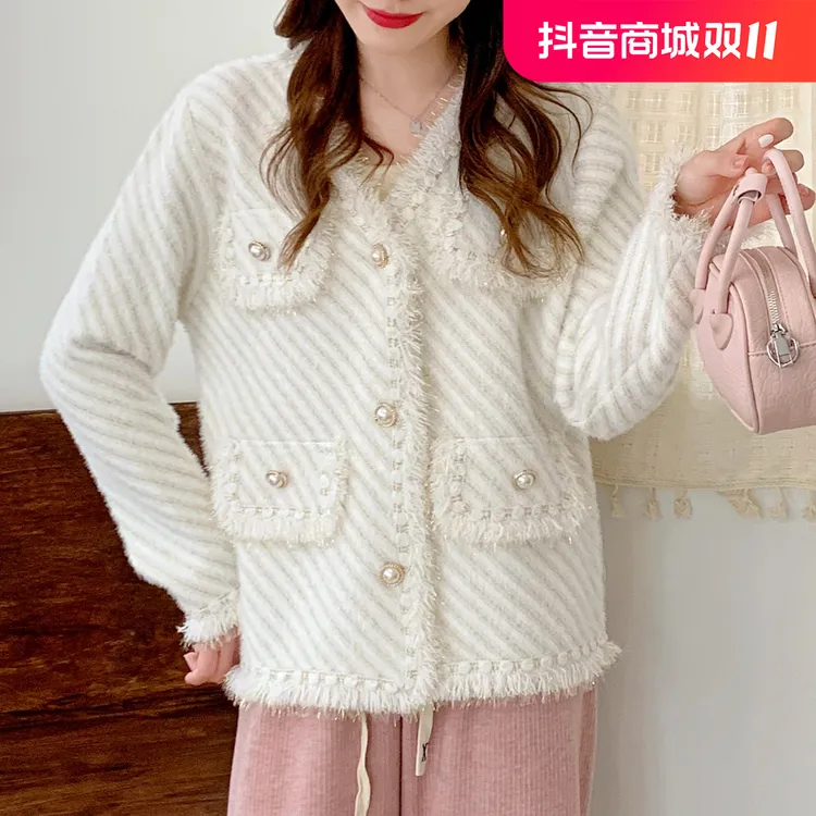 2180-法式高级感小香风外套女百搭圆领长袖针织开衫上衣-斜纹花边