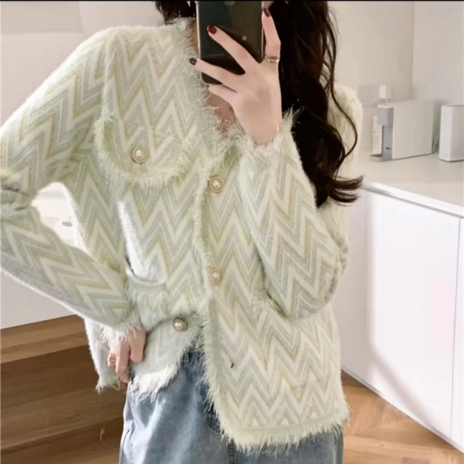 21731-法式高级感小香风外套女百搭圆领长袖针织开衫上衣-月光白