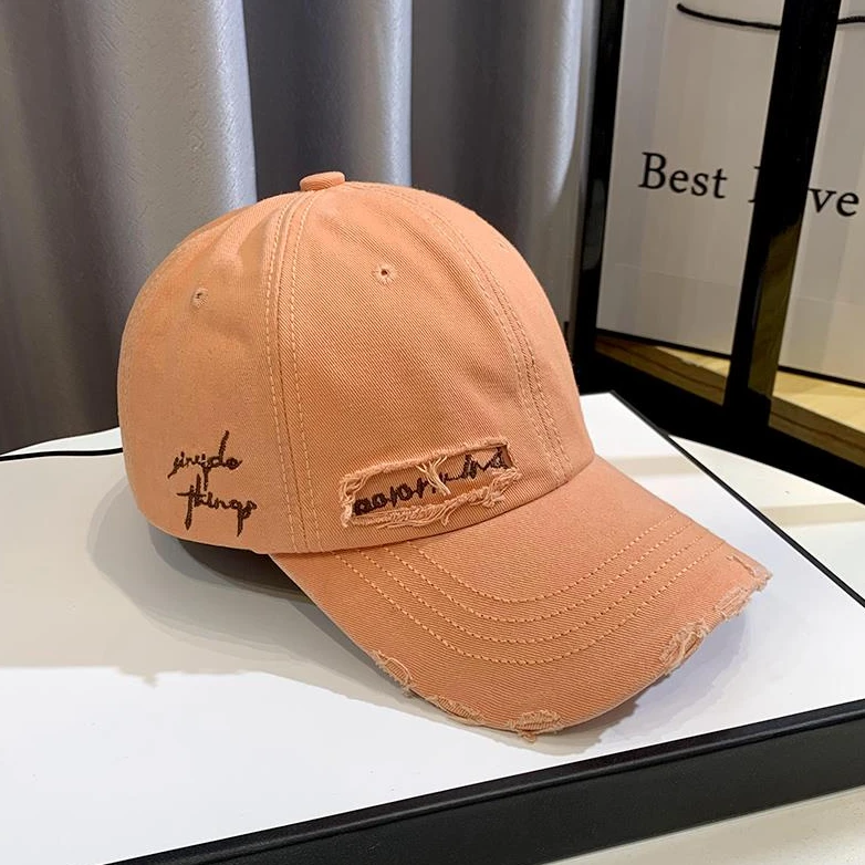 橘色帽子女夏显脸小加大加宽鸭舌帽破洞做旧韩版桔色软顶棒球帽男