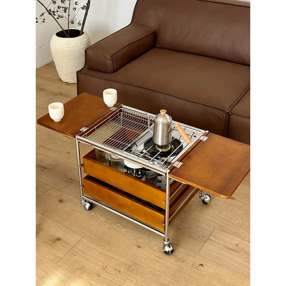 复古实木茶几家用阳台围炉煮茶可移动茶水柜日式多功能茶桌边几