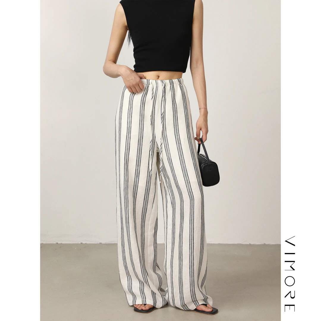 VIMORE未沫显高竖条纹亚麻松紧腰休闲裤老钱风高腰长裤女YM24332