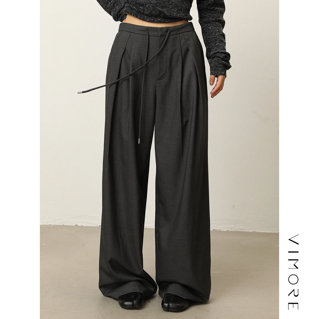 VIMORE未沫系带抽绳直筒阔腿裤慵懒松弛感百搭休闲高腰西裤长裤女