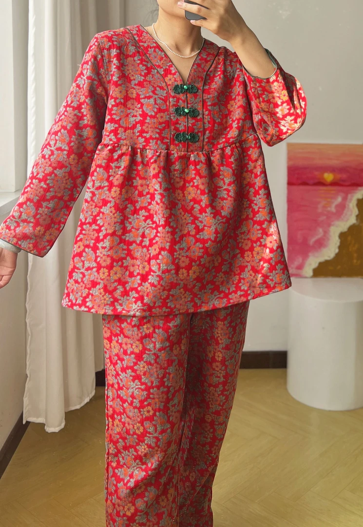 女士清雅古典国风100%棉双层纱大提花四季款盘扣家居服套装21245
