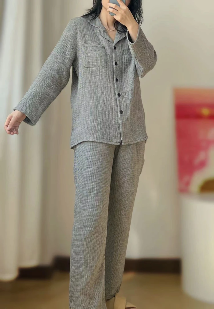女士100棉大提花四层纱秋冬款裤兜版睡衣家居服保暖套装21237