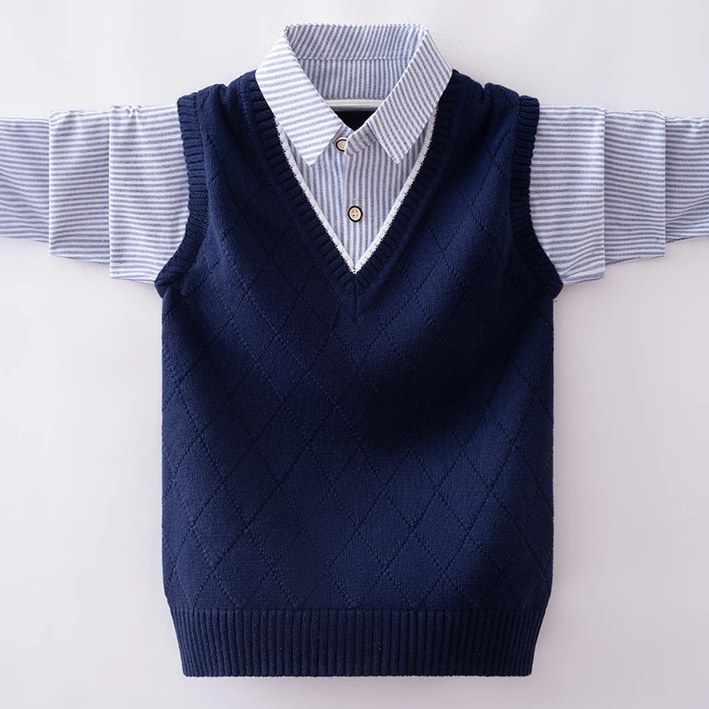 男童马甲衬衫假两件秋装毛衣背心针织衫纯棉学院风中大童加绒加厚