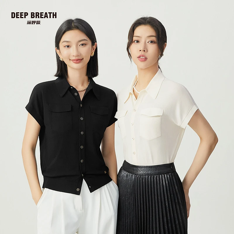 DEEP BREATH深呼吸品质女装衬衫式小飞袖纽扣针织开衫女A401094