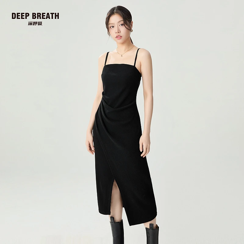 DEEP BREATH深呼吸新款女装吊带收腰下摆开叉长款连衣裙女A500426