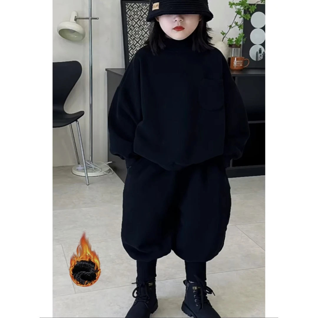 女童纯色秋冬套装加绒加厚新款韩版洋气儿童宝宝一体绒休闲两件套