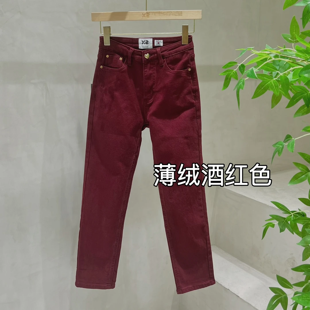 x2秋冬抓绒烟管裤女高腰弹力修身显瘦九分裤女士加绒牛仔裤酒红色
