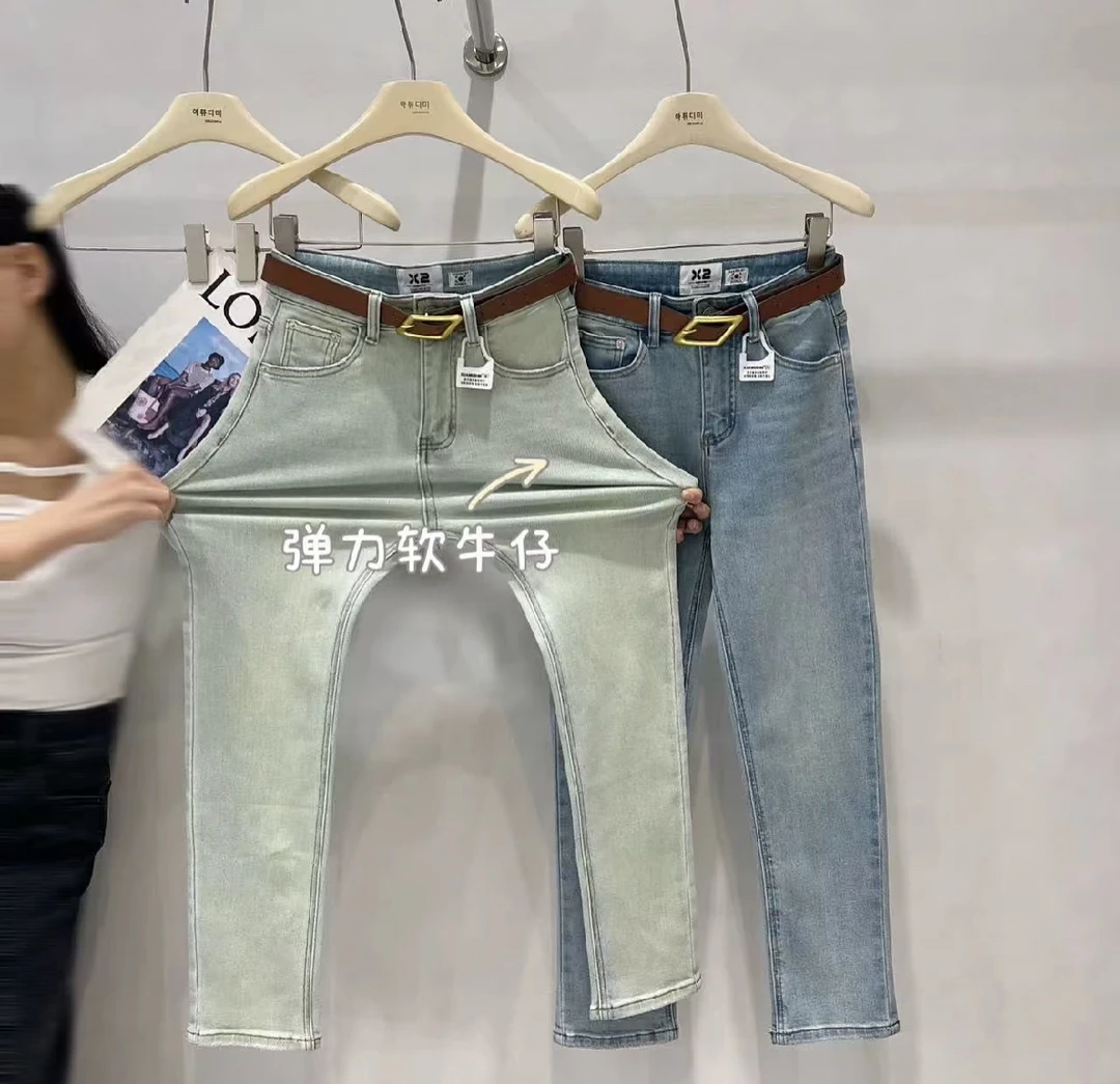 x2春秋弹力修身显瘦烟管裤女高腰牛仔裤女士小直筒裤长裤