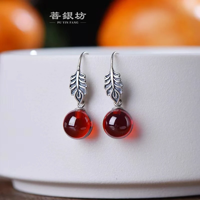 925银珐琅耳饰 【菩银坊】红尖晶 麦穗红珠耳饰 国风 时尚