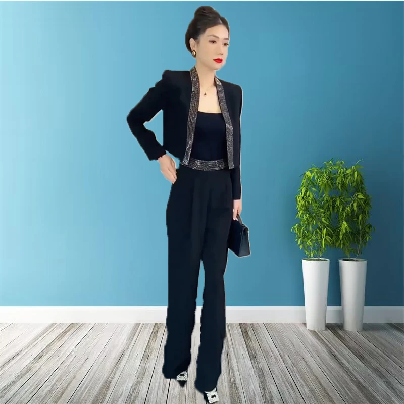 网红时尚气质套装2024新款法式轻奢重工烫钻西服显瘦阔腿裤两件套