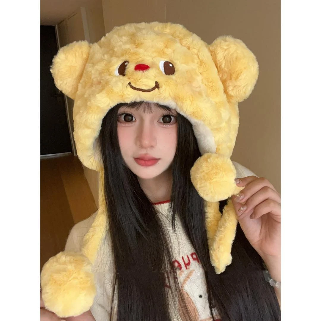 可爱黄油小熊毛绒毛线帽套头针织帽一体保暖防寒保暖厚可爱雷适用