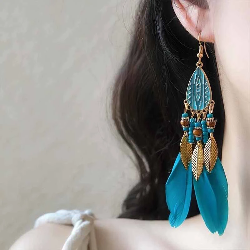 合金耳饰 民族风波西米亚羽毛流苏耳环小众设计高级感独特耳坠复
