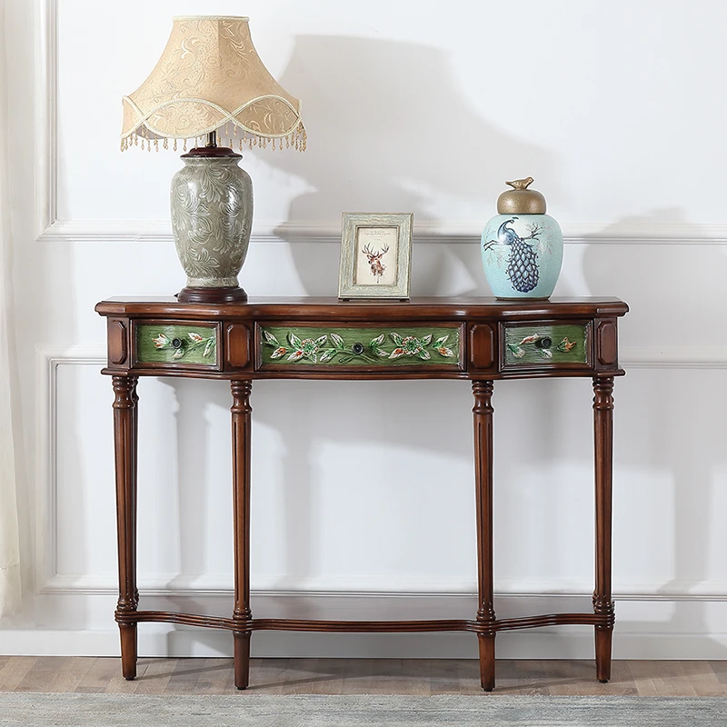 美式乡村彩绘玄关台入户门厅走廊窄条案桌地中海复古玄关柜4053