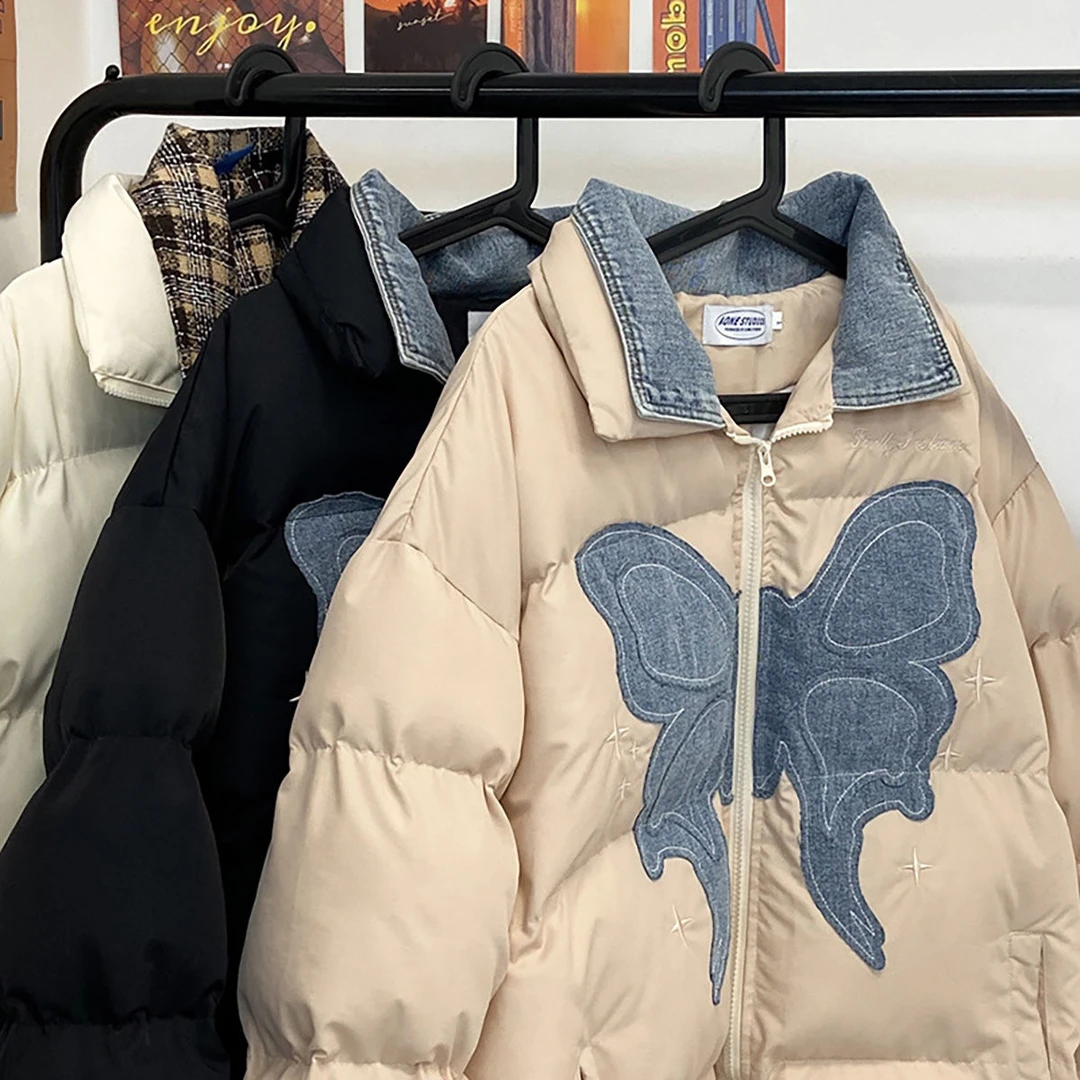 NOONOZ潮牌美式蝴蝶贴布翻领棉衣棉服男冬季宽松设计感情侣面包服