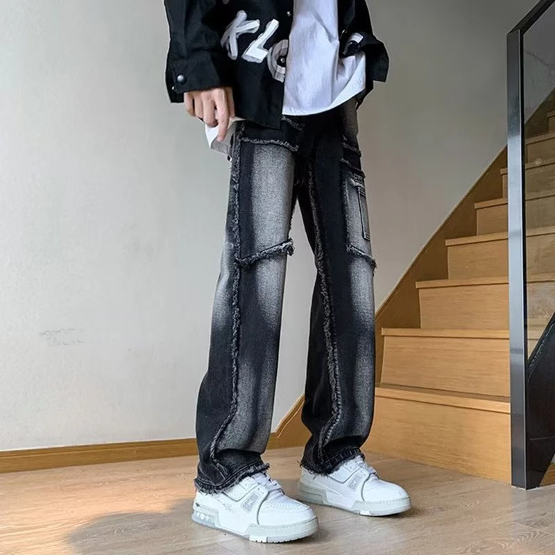 美式vibe裤子高街百搭休闲直脚牛仔裤男小众设计感毛边直筒牛仔裤