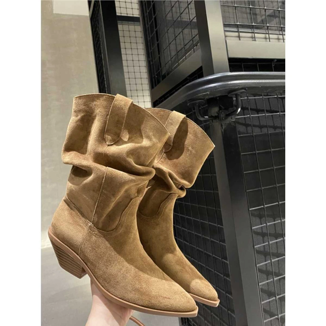 炒显瘦!2025年新款尖头粗跟中跟短靴中筒靴高跟堆堆靴西部牛仔靴