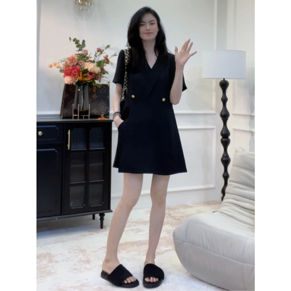 蓝羽老板娘【月半弯】上衣+短裤两件套~夏冰凉感西装黑色级感套装LY
